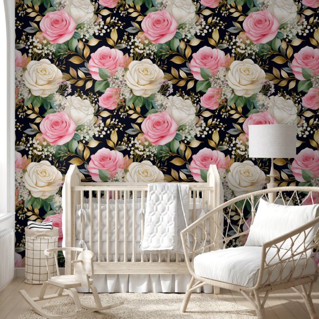 Pink White Roses Babies Breath Gold on Black Wallpaper (Kids)