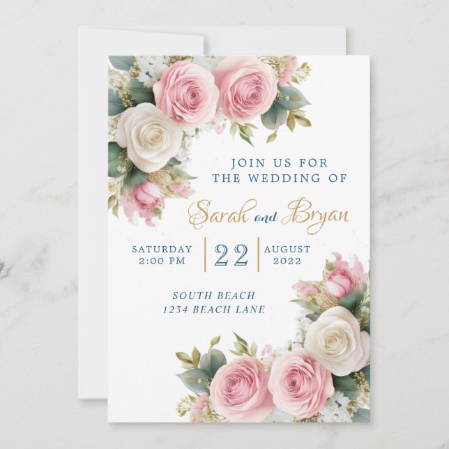 Pink White Roses Babies Breath Wedding Invitation (Front)