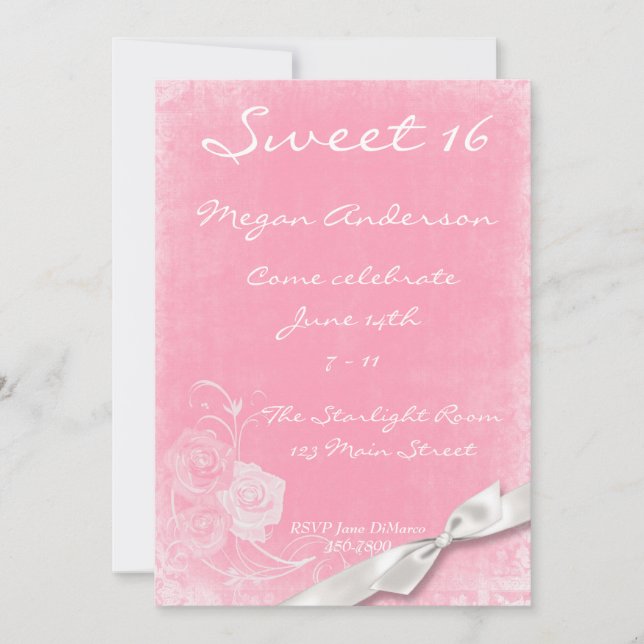 Pink White Roses Bow Invitation (Front)