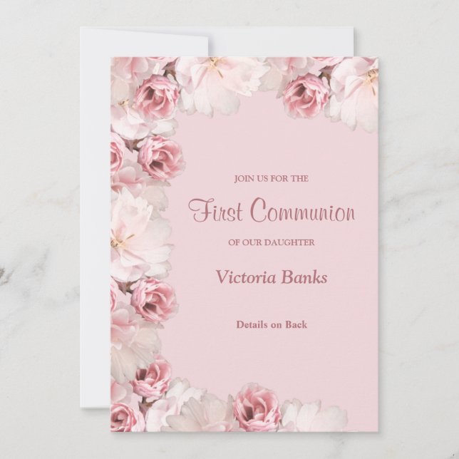 Pink/White Roses First Communion Invitation (Front)