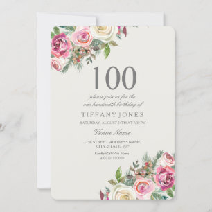 Pink & White Roses Floral 100th Birthday Invite