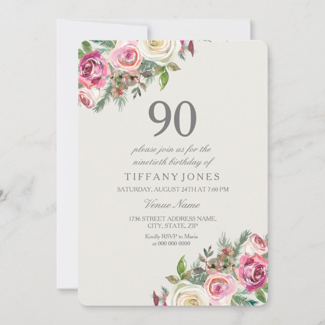 Pink & White Roses Floral 90th Birthday Invite (Front)