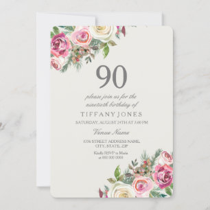 Pink & White Roses Floral 90th Birthday Invite