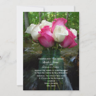 Pink & White Roses In Mason Jar on Waterfall Invitation