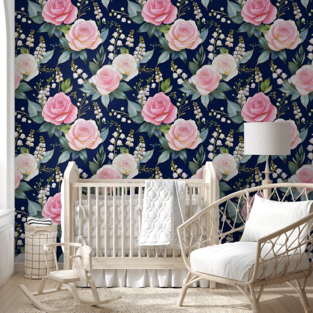 Pink White Roses Lily of The Valley Navy Blue Wallpaper (Kids)