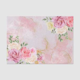 Pink White Roses on Marble Watercolor Decoupage Tissue Paper