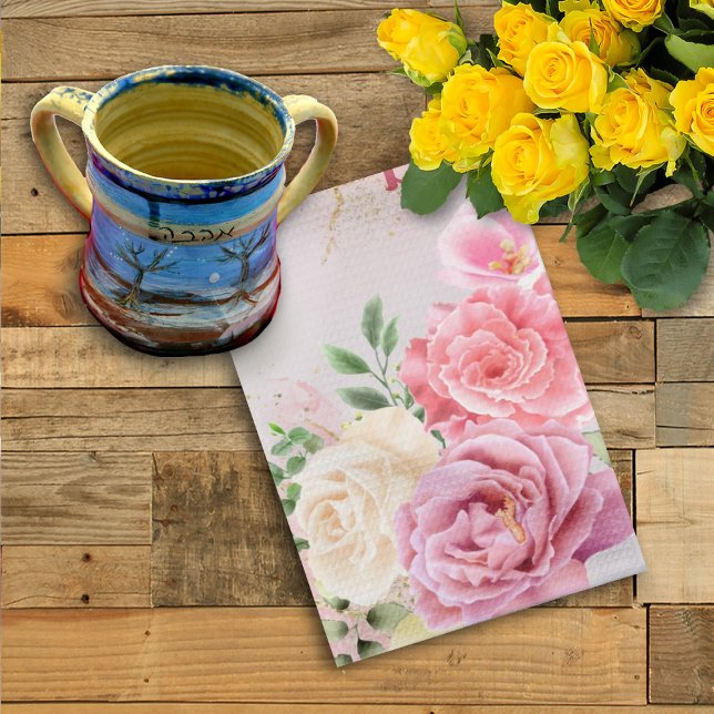 PInk White Roses on Marble Watercolor Shabbat Tea Towel (Creator Uploaded)