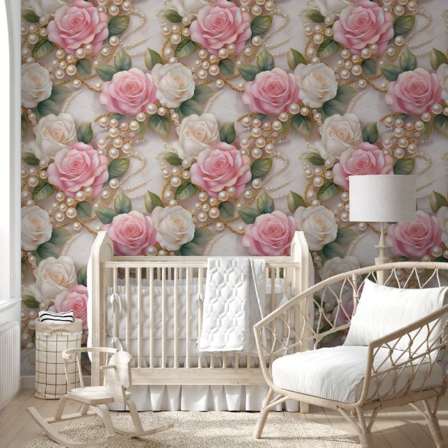 Pink White Roses Pearls Victorian Lace Wallpaper (Kids)