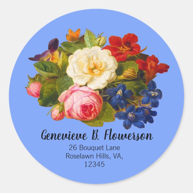 Pink White Roses Red Orange Blue Floral Butterfly Classic Round Sticker (Front)