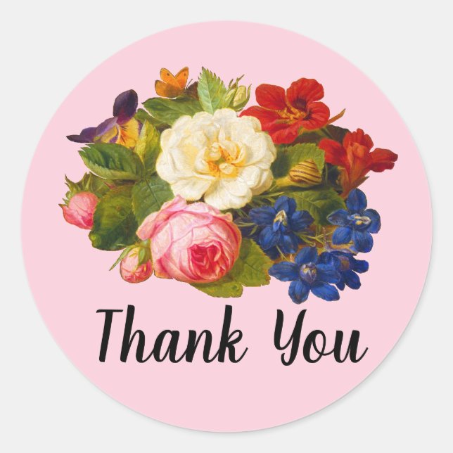 Pink White Roses Red Orange Blue Floral Butterfly Classic Round Sticker (Front)