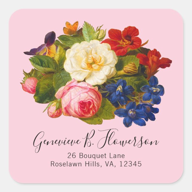 Pink White Roses Red Orange Blue Floral Butterfly  Square Sticker (Front)