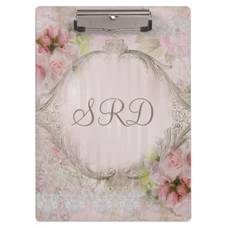 Pink & White Roses Victorian lace gold frame Clipboard