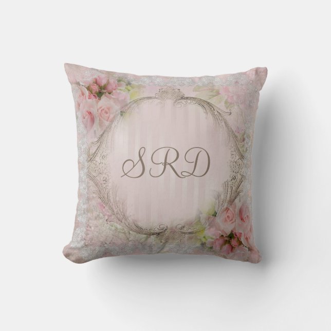 Pink & White Roses Victorian lace gold frame Cushion (Front)