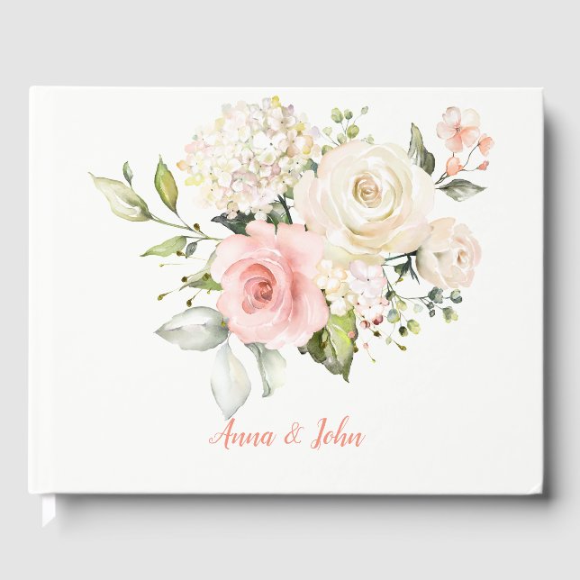 Pink White Roses White Hydrangeas Greenery Wedding Guest Book (Front)