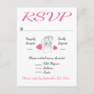 Pink & White RSVP Wedding Cartoom Bride & Groom Invitation Postcard