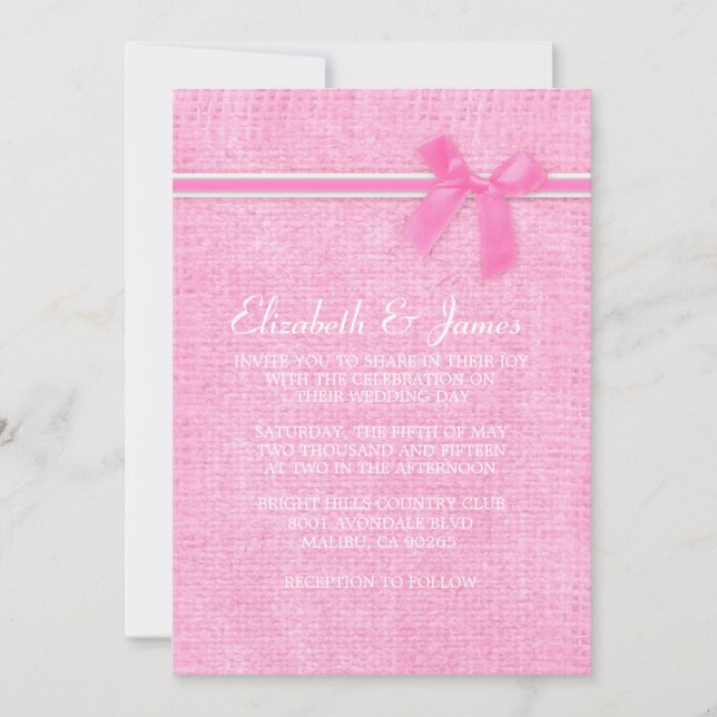 Pink & White Rustic Burlap Wedding Invitations (Front)