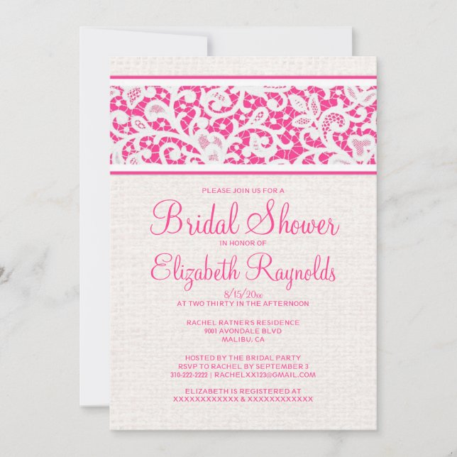 Pink White Rustic Linen Bridal Shower Invitations (Front)