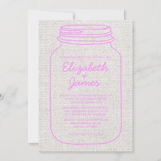 Pink & White Rustic Mason Jar Wedding Invitations (Front)
