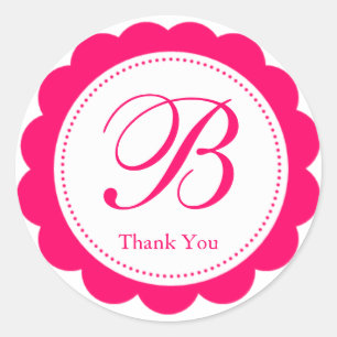 Pink White Scalloped Circle Monogram Thank You Classic Round Sticker