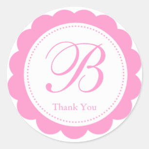 Pink White Scalloped Circle Monogram Thank You Classic Round Sticker