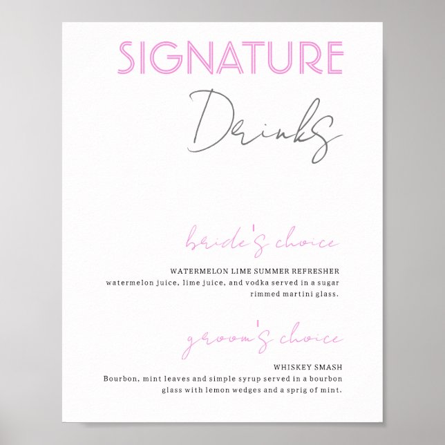 Pink & White Signature Drinks Wedding Bar Poster (Front)