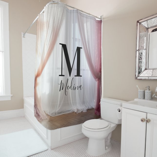 Pink White Silk Black Monogram Cute Script Wedding Shower Curtain (In Situ)