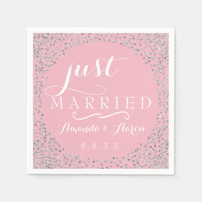 Pink White Silver  Confetti Wedding Just Married Napkin (Front)