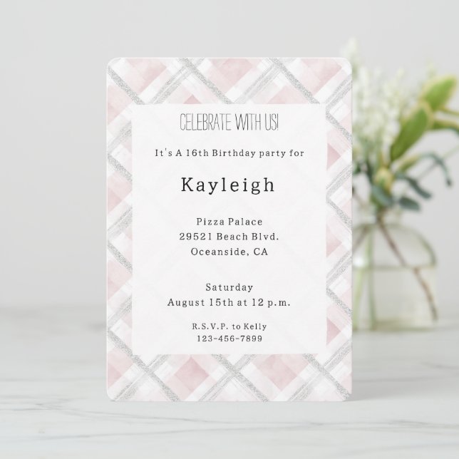 Pink White Silver Glitter Squares Birthday   Invitation (Standing Front)