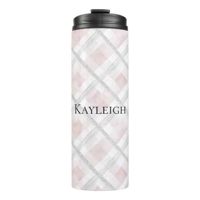 Pink White Silver Glitter Squares Thermal Tumbler (Front)