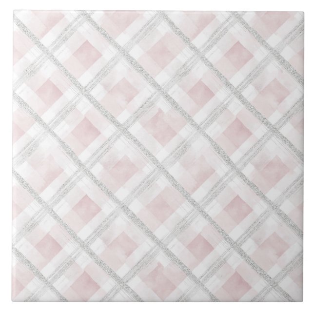 Pink White Silver Glitter Squares Tile (Front)