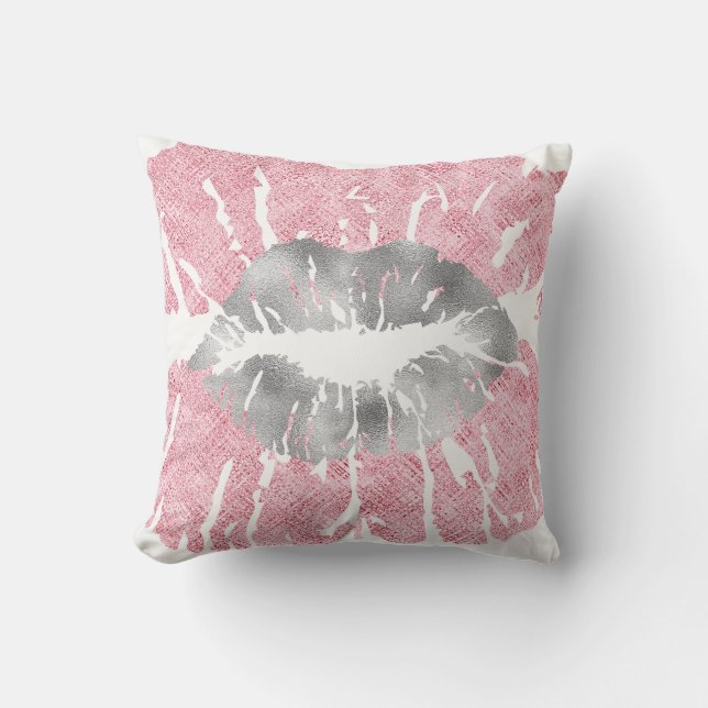 Pink White Silver Gray Glitter Kiss Lips Makeup Cushion (Front)