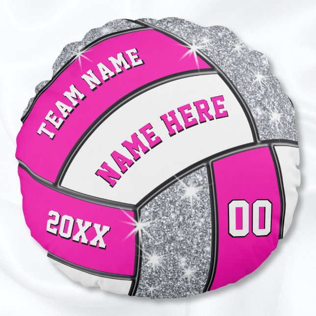 Pink, White, Silver Personalised Volleyball Pillow (Round volleyball pillow. Pink and white volleyball pillow. Unique volleyball gifts for girls.)