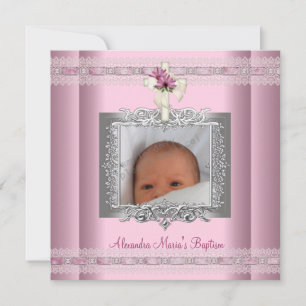 Pink White Silver Photo Cross Baptism Christening Invitation
