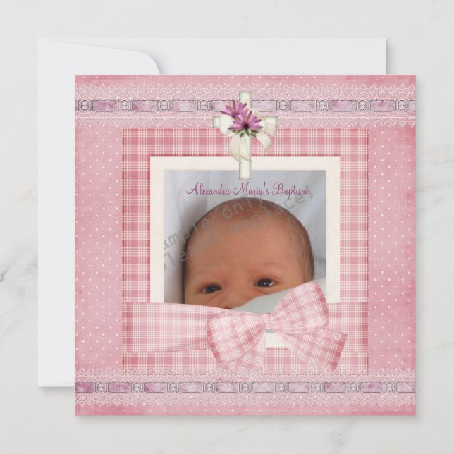 Pink White Silver Photo Cross Baptism Christening Invitation (Front)