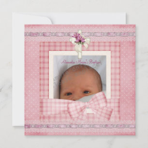Pink White Silver Photo Cross Baptism Christening Invitation