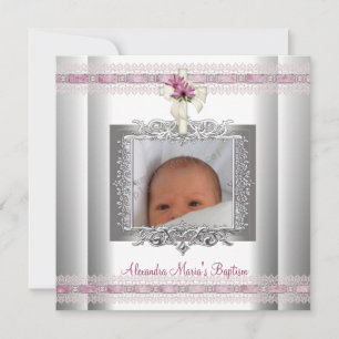 Pink White Silver Photo Cross Baptism Christening Invitation