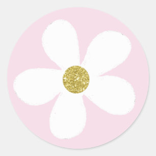 Pink White Simple Daisy Gold Classic Round Sticker