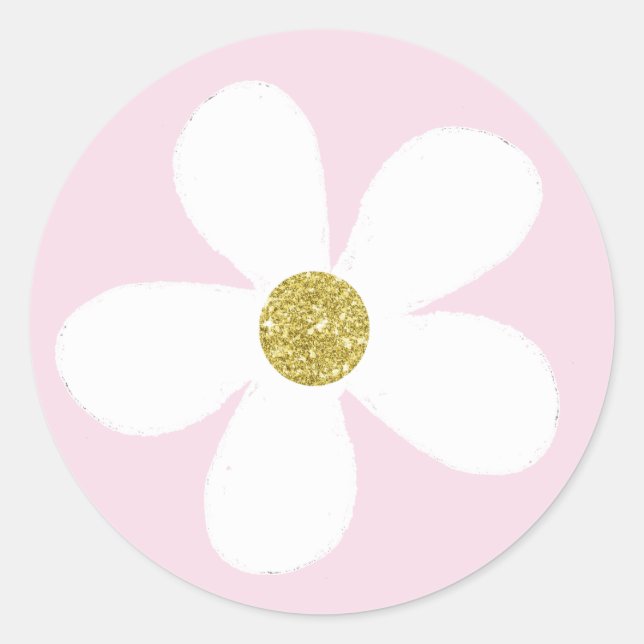 Pink White Simple Daisy Gold Classic Round Sticker (Front)