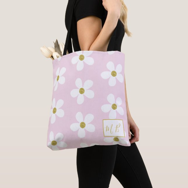 Pink White Simple Daisy Gold Monogram Tote Bag (Close Up)