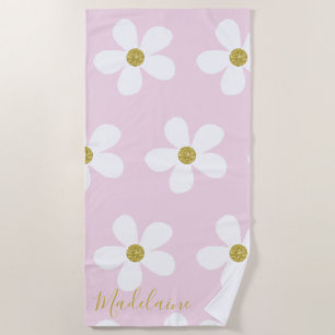Pink White Simple Daisy Gold Personal Beach Towel