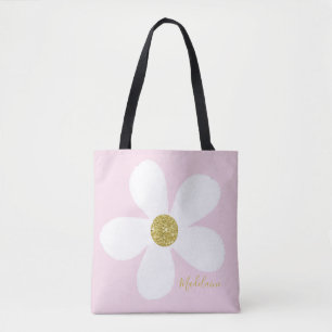 Pink White Simple Daisy Gold Personal Tote Bag