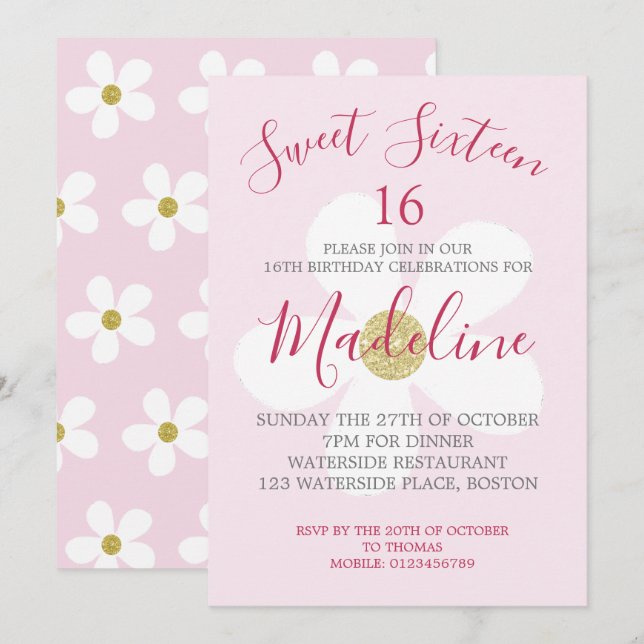 Pink White Simple Daisy Sweet Sixteen Chic Invitation (Front/Back)