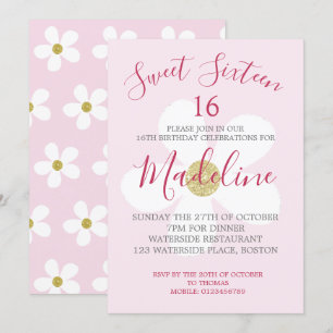 Pink White Simple Daisy Sweet Sixteen Chic Invitation