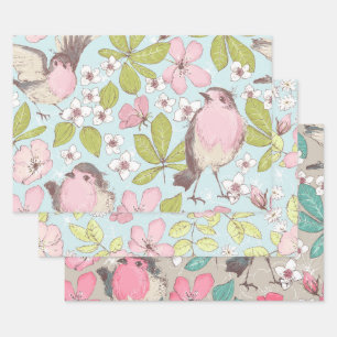 Pink White Simple Flowers and Birds Greenery Wrapping Paper Sheet