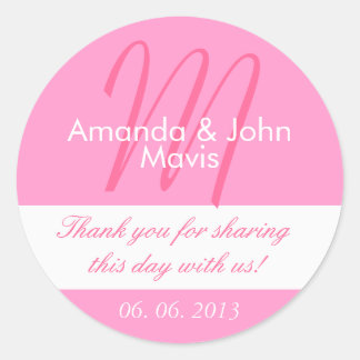 Pink White Simple Initial Wedding Favour Thank You Classic Round Sticker