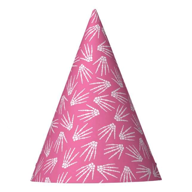 Pink & White Skeleton Hand Pattern Birthday Party Hat (Front)