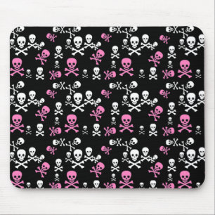 Pink & White Skull & Crossbones Black Mouse Mat