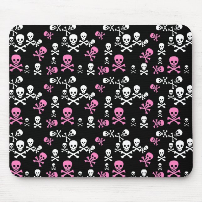 Pink & White Skull & Crossbones Black Mouse Mat (Front)