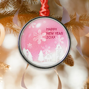 Pink White Snow House Happy New Year Metal Tree Decoration