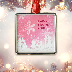 Pink White Snow House Happy New Year Metal Tree Decoration